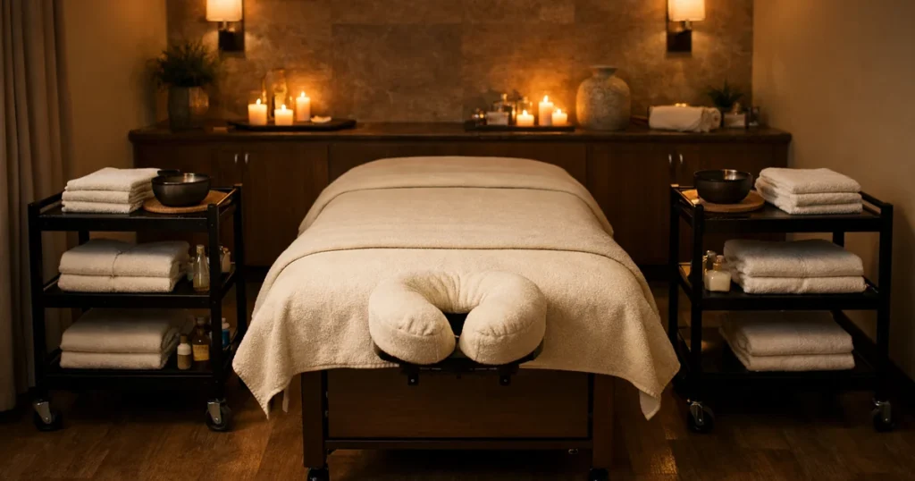 Spa room set up for two therapists, with trolleys on both sides of the table