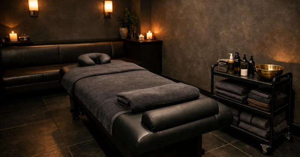 Spa room styled for men, in dark slate and charcoal with a leather table