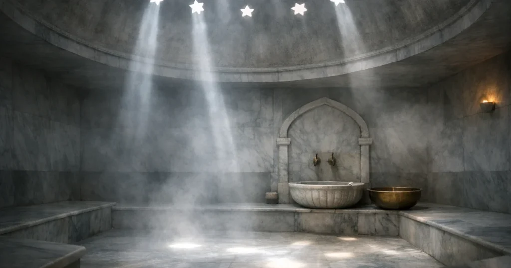 Domed hammam interior with shafts of light falling through steam onto marble