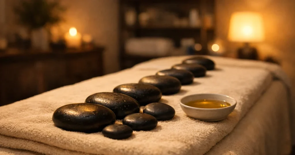 A row of heated basalt stones and a bowl of oil laid out on a spa table
