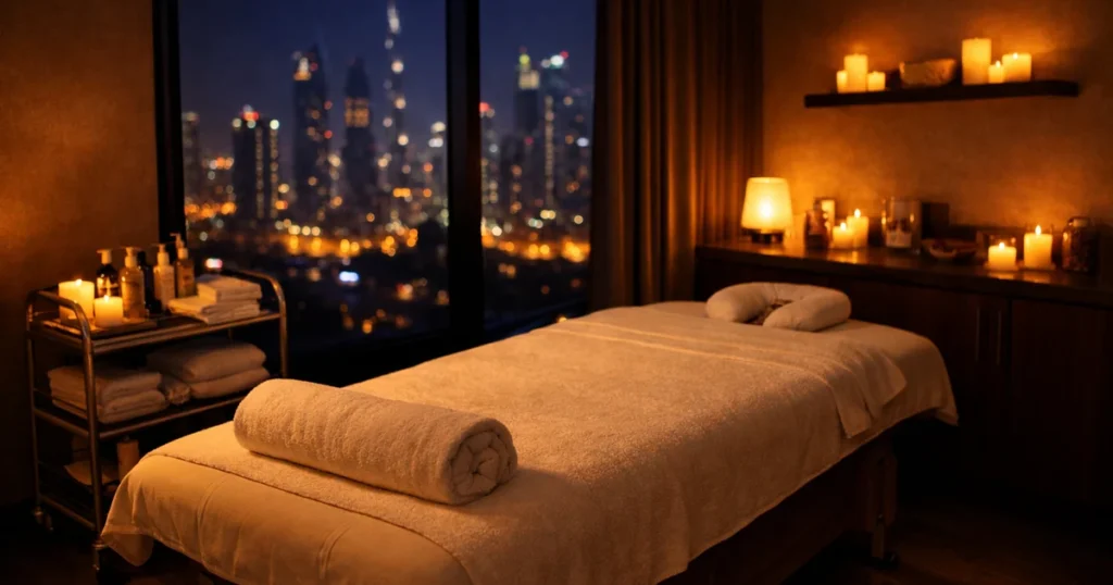 Spa room lit by candles at night, with the lights of Dubai towers below