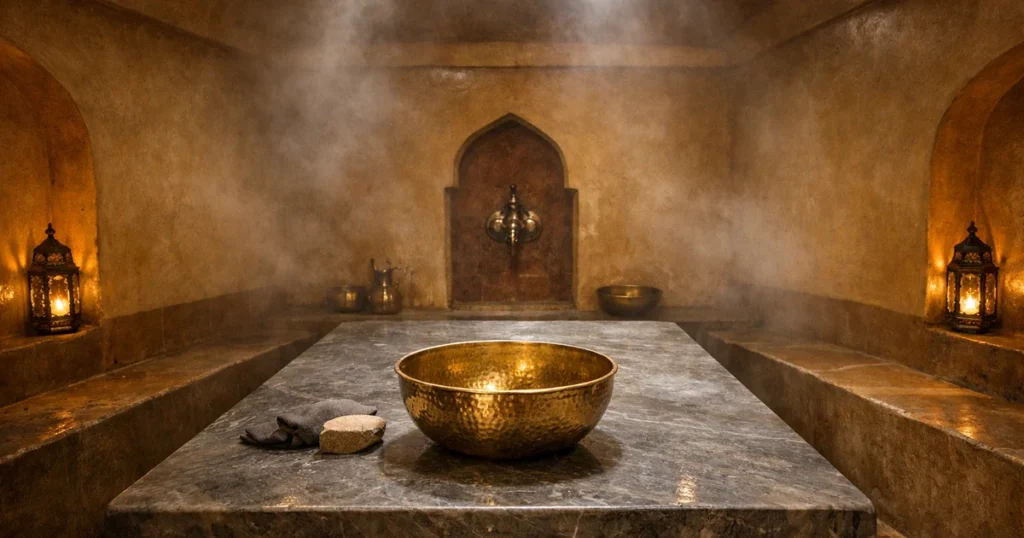 Moroccan hammam room with ochre tadelakt walls, a heated slab and a brass bowl