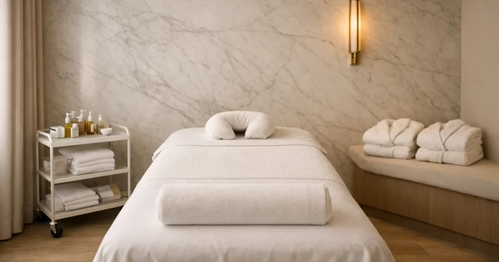 European style spa room in pale marble with folded robes on a bench