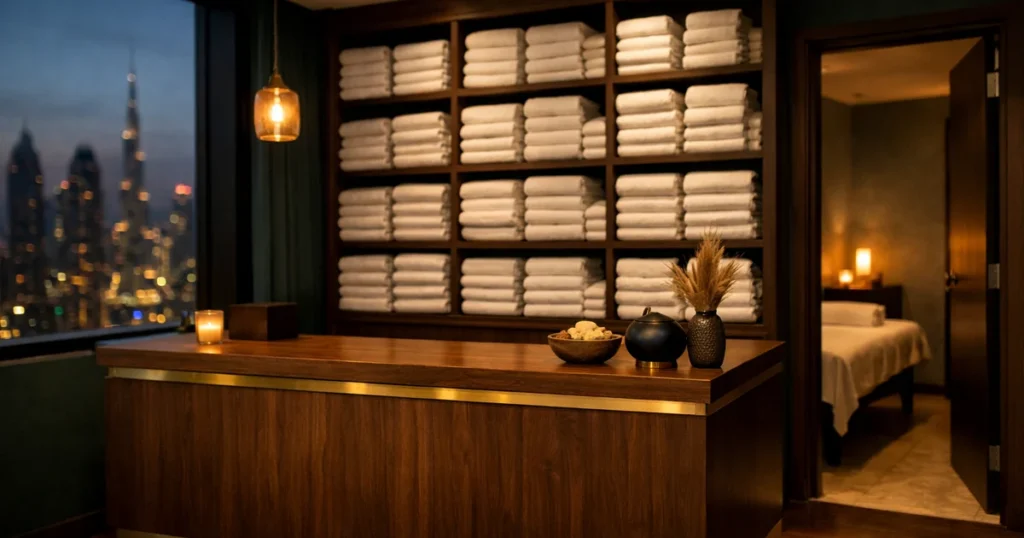 Spa reception with stacked towels and a treatment room beyond, in a Dubai tower at dusk
