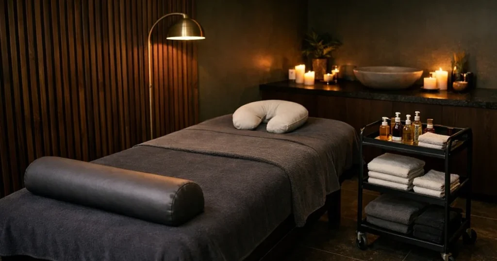 Spa treatment room in dark wood and charcoal under evening lamp light