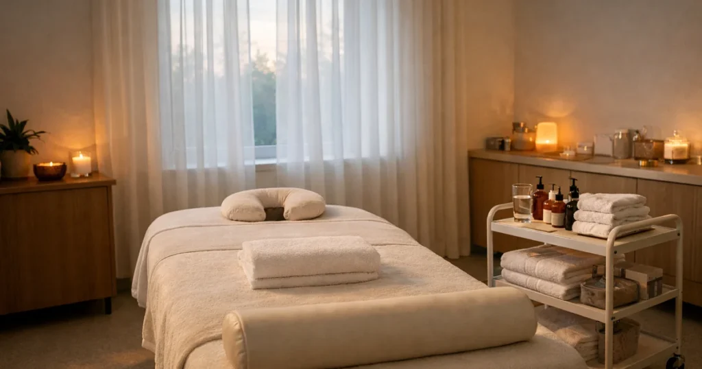 Bright spa treatment room with sheer curtains and early morning light