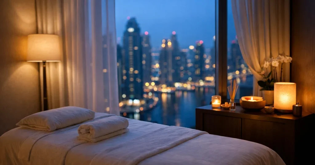 Spa treatment room at blue hour with marina towers and water through the window