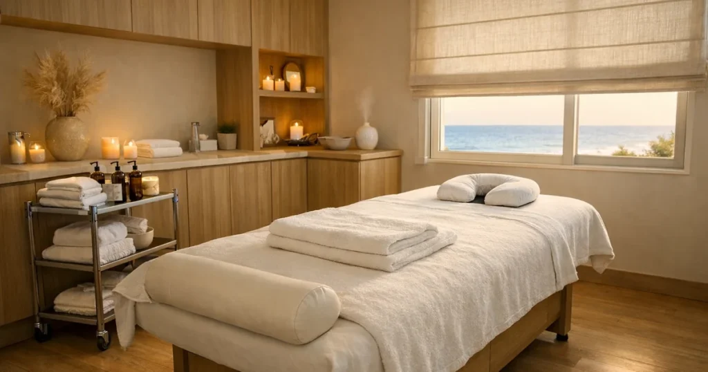 Bright spa treatment room with a trolley of oils and the sea through the window
