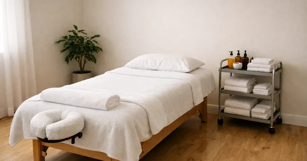 Simple white spa treatment room with a trolley of oils and a plant in the corner