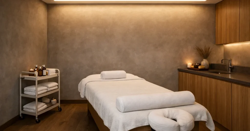 Minimal spa treatment room with micro cement walls and a recessed light