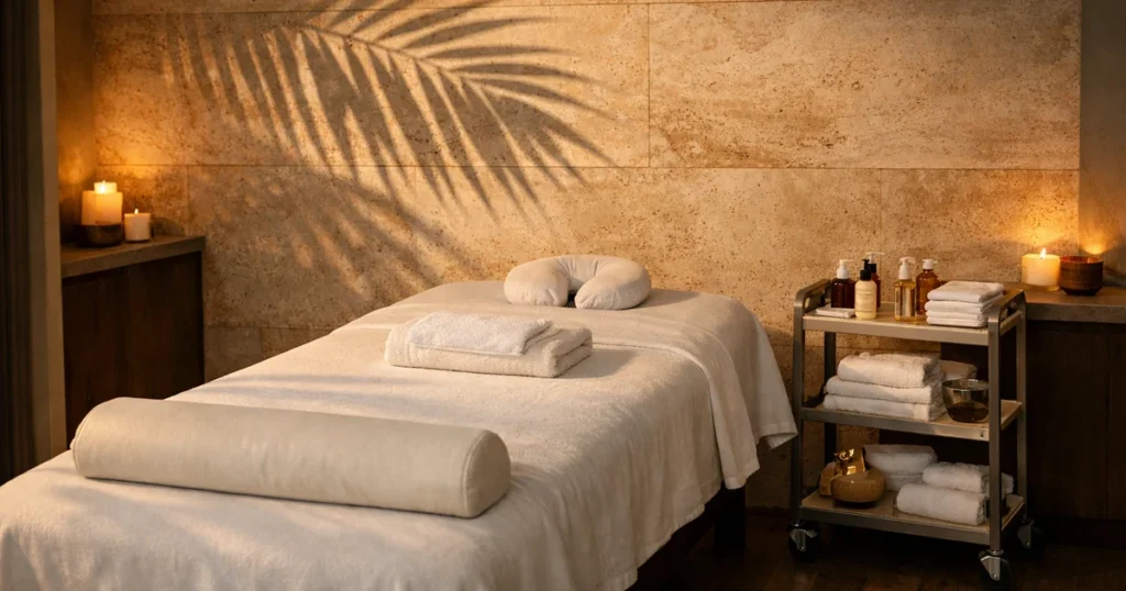 Spa treatment room in warm sand tones with a palm shadow on a travertine wall